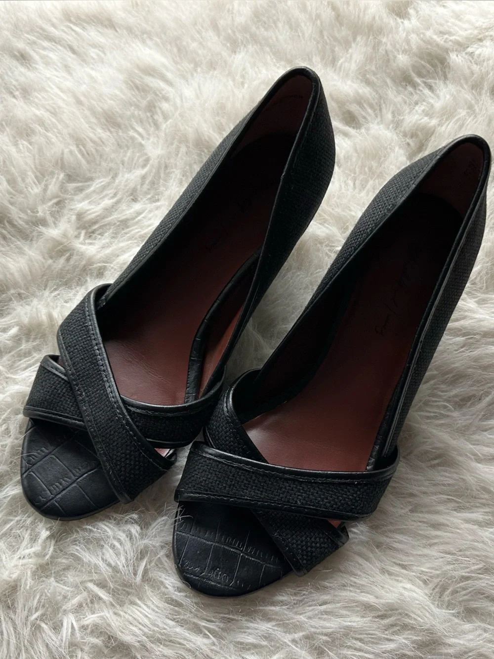 Elizabeth and James Black Textured Wedge Peep-Toe Pumps 6